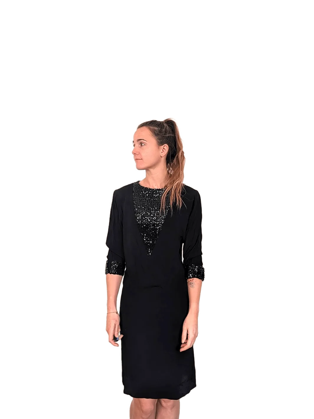 Vintage Black Sequin Party Dress | Elbow Sleeve | S | USA Made