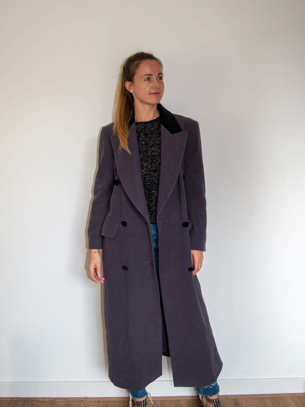 Vintage 1980s Purple Grey Wool Long Maxi Coat | Fall Winter Wardrobe | Velvet Collar | Capsule Wardrobe | Size 10