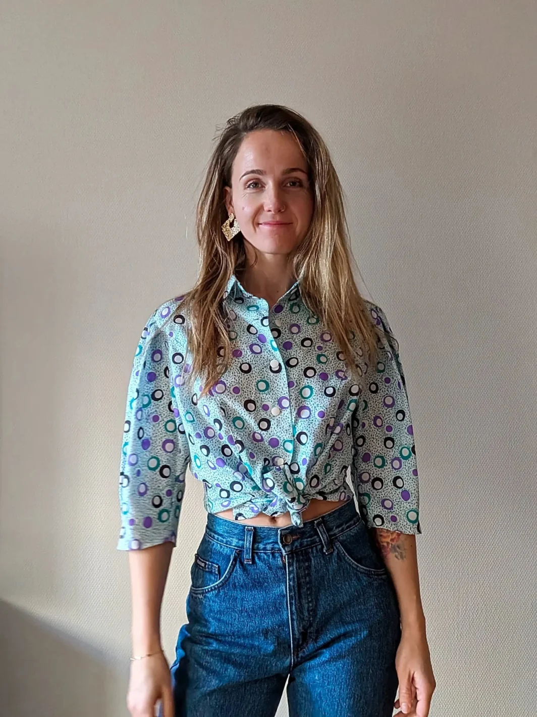 1980s Geometric Pattern Blouse | Retro Circles & Dots | Size M