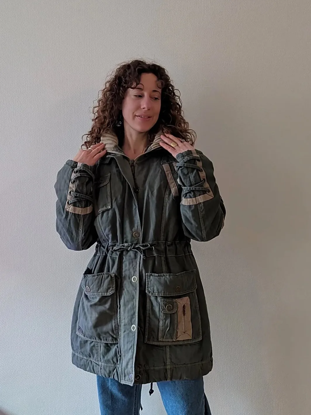 Vintage 90s Green Coat with Hoodie | Medium | Mixed Fabrics