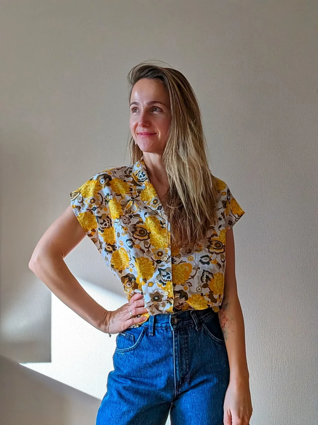 Vintage Nina Hazan Spring Top | 1970s | Yellow & Brown Florals