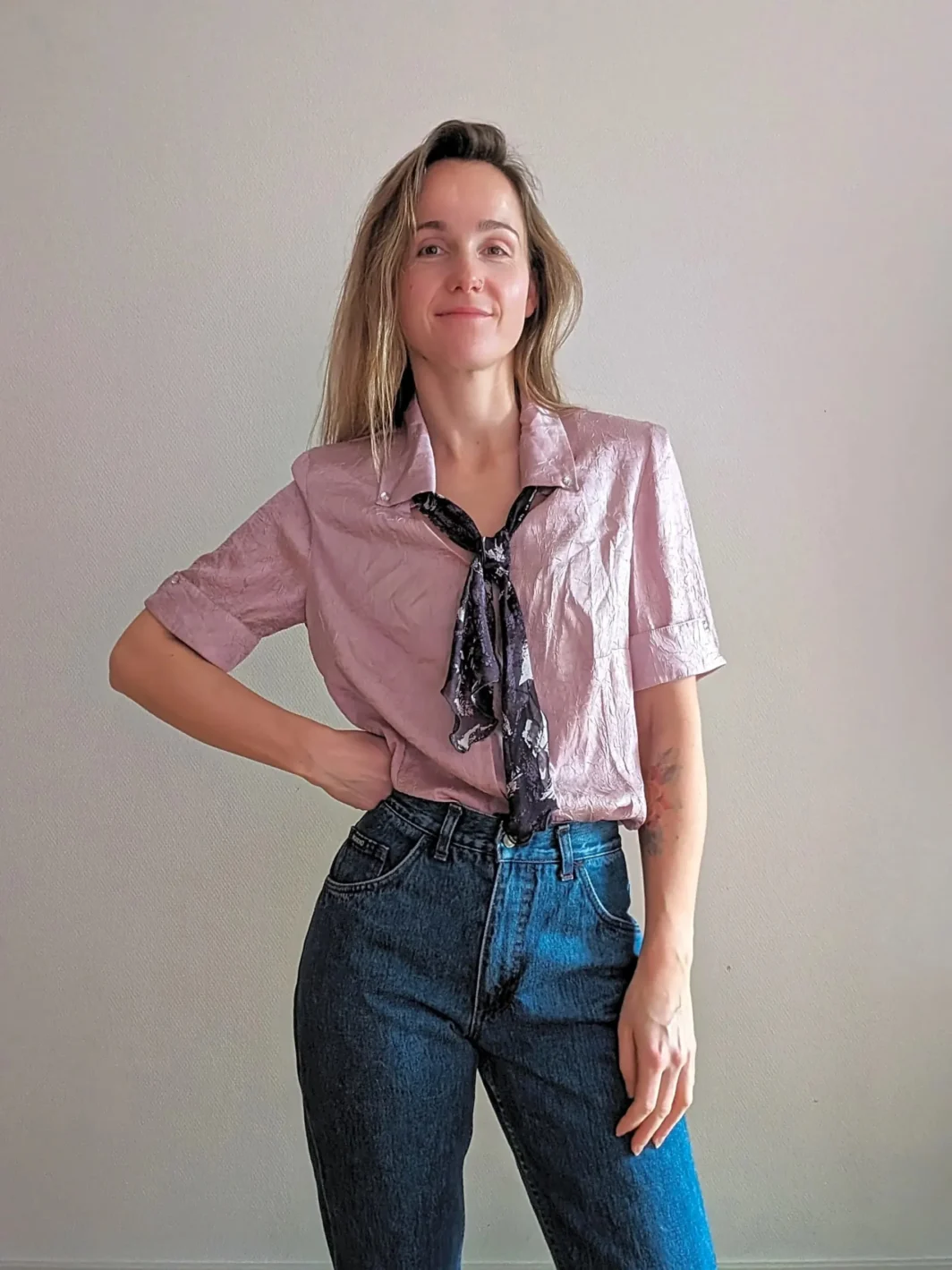 Vintage Spring Summer 1980s Lilac Blouse | Dark Purple Scarf Included | Size M