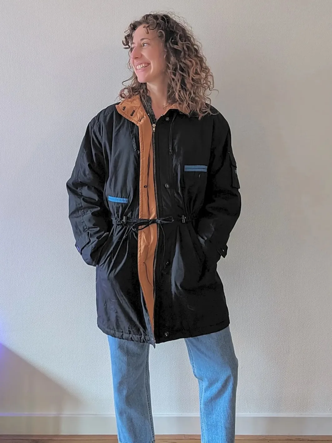Vintage 90s Dark Blue Raincoat | Size M | Button & Zip Closure