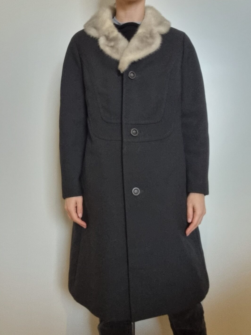 Vintage 1970s Grey Wool Fur Coat | Size 10