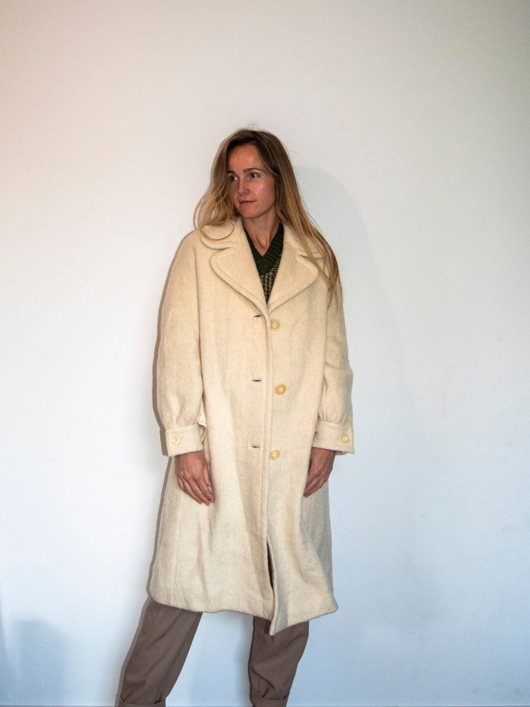 Vintage 1970s Wool Ivory Long Coat | Fall Winter Wardrobe | Made in Italy | A-line Coat | Size 10