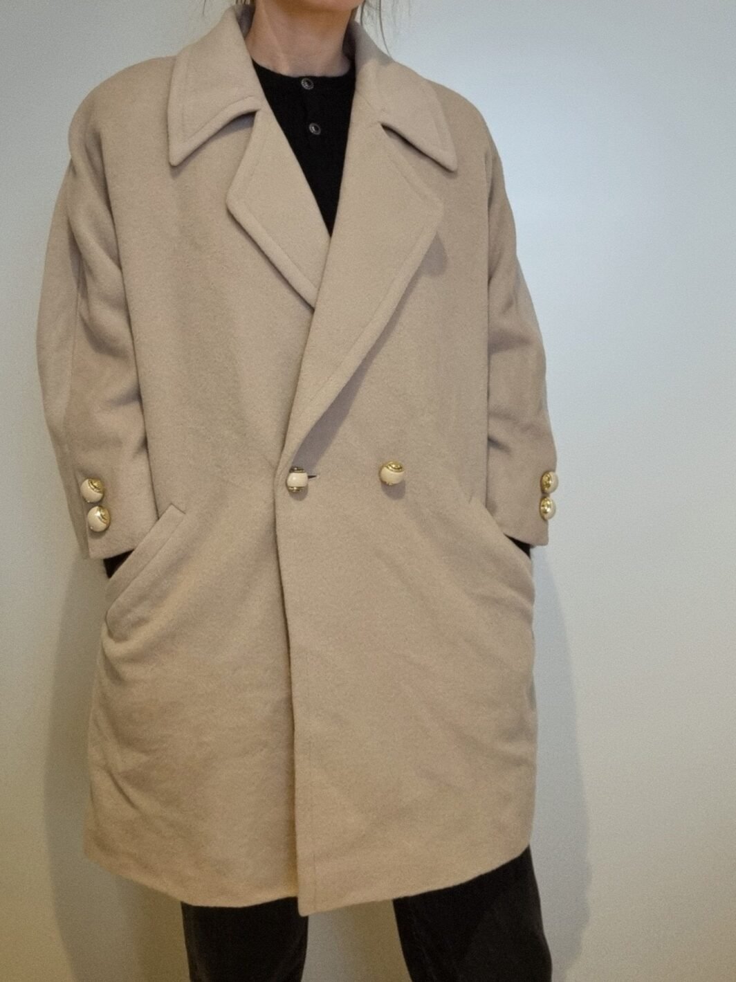 Vintage 1980s Mohair Wool Beige Gold Detailed Coat Size 12