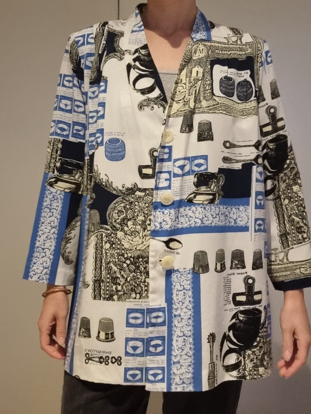 Vintage Blazer | 1980s | Blue White Gold Print | Cherry Bear | Size 8/10