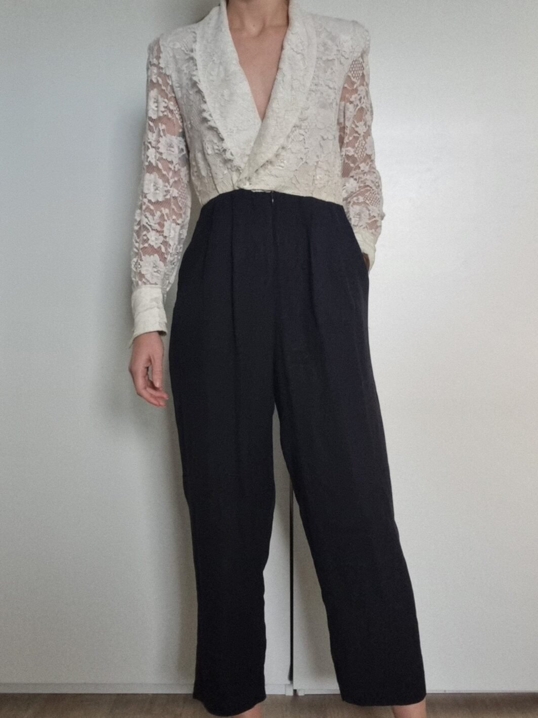 Vintage Lace Jumpsuit | 1970s | J.R. Nites Petite by Caliendo | Black and White | Size 8